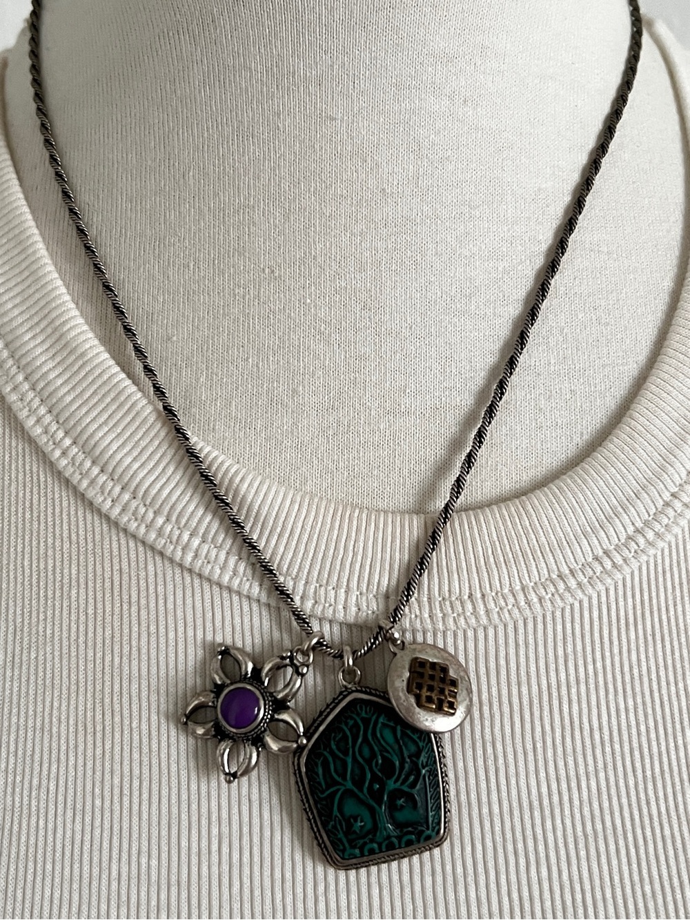 Lucky Brand Silver-Tone Necklace with Teal Tree Pendant and Purple Flower Charm